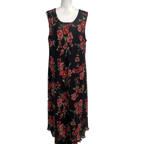 Studio I Dress Plus sz 24W Black Pink Red Floral Sheer Bias Long A Line Wedding - Picture 1 of 10
